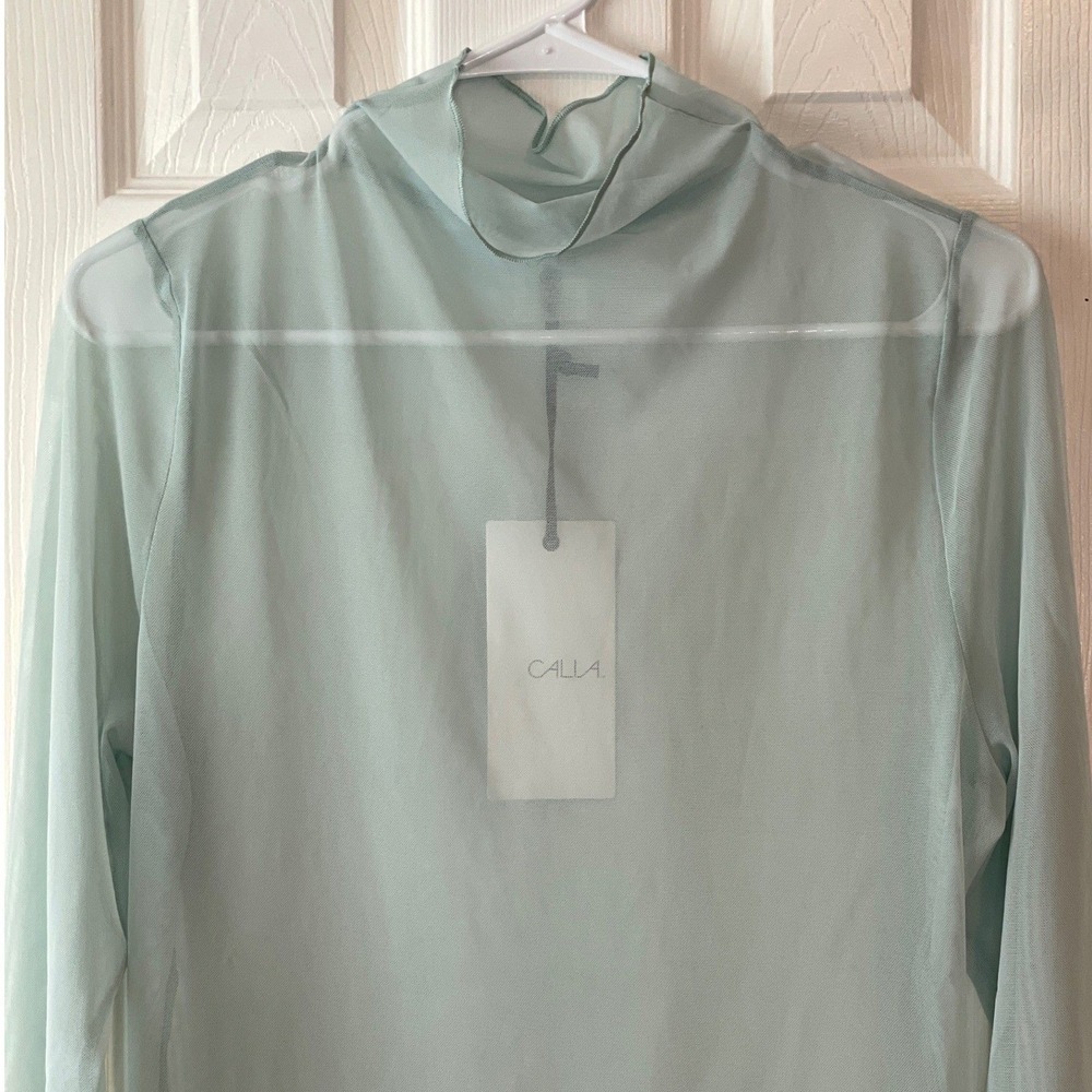 Calia Draped Funnel Long Sleeve Women's XL Smoked Turquoise Sheer Mesh Thumbhole - Picture 2 of 13